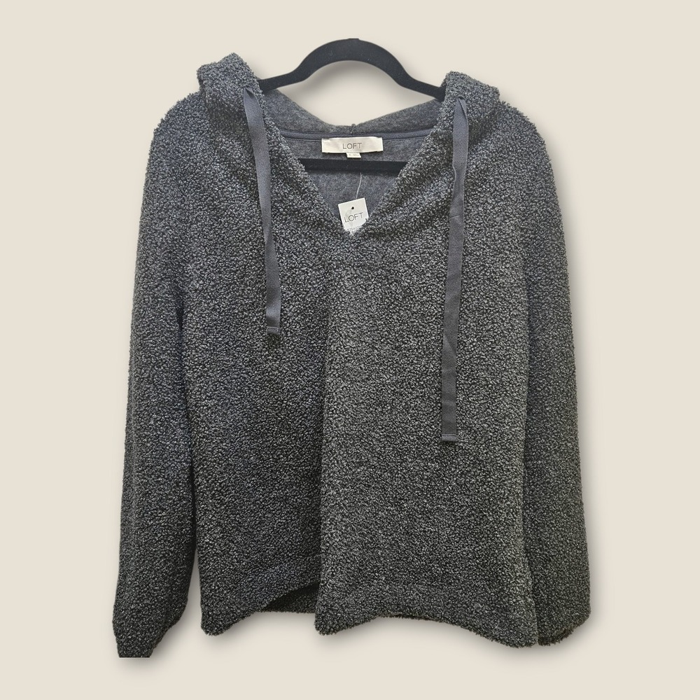 LOFT Gray Sherpa Hoodie Sweater Pullover Long Sleeve Women's Size S New